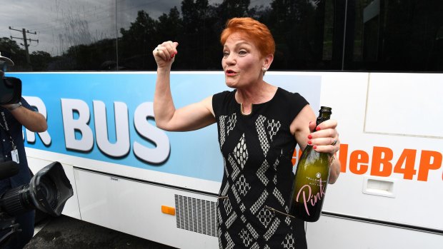 One Nation leader Pauline Hanson and her Battler Bus in Brisbane on Monday.