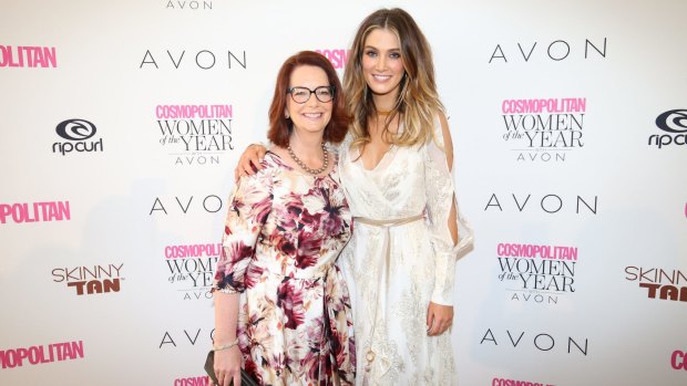 Julia Gillard and Delta Goodrem at the 10th annual Cosmopolitan Women of the Year Awards in Sydney on Thursday.