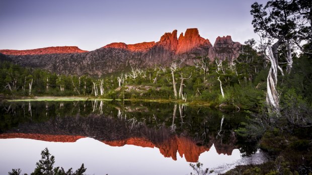 Sunset over Mt Acropolis, in the Cradle Mountain Lake St Clair national Park, Tasmania.