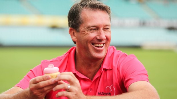 Glenn McGrath celebrating 10 years of the Pink Test which raises awareness for women with breast cancer.