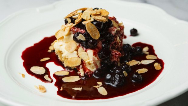 Torta di Verona, with whipped mascarpone, sponge, marsala, blueberries and flaked almonds.