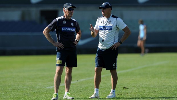 Mick Malthouse (left) will remain in Melbourne. Rob Wiley will coach the Blues in Perth.