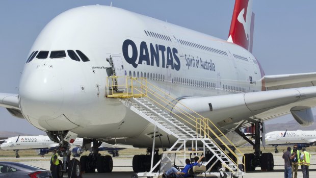 Qantas Airbus A380 after arriving at the storage facility in the Californian desert in July last year. The airline plans to resume using A380s from July 2022. 