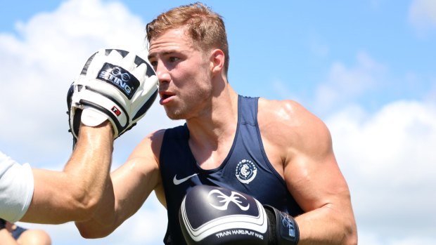 Fighting fit: Harry McKay in training during Carlton's pre-season camp on the Gold Coast.