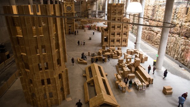 The cardboard city is being built in the Cutaway as part of the Sydney Festival.