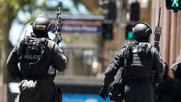 Police in central Sydney during the Lindt Cafe siege in December 2014.