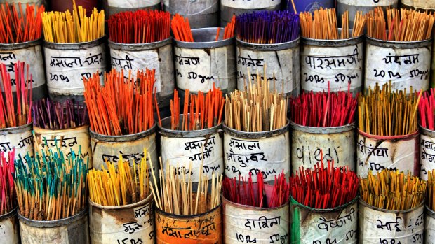 Colorful incense sticks in a shop outside Dadar train station in Mumbai.