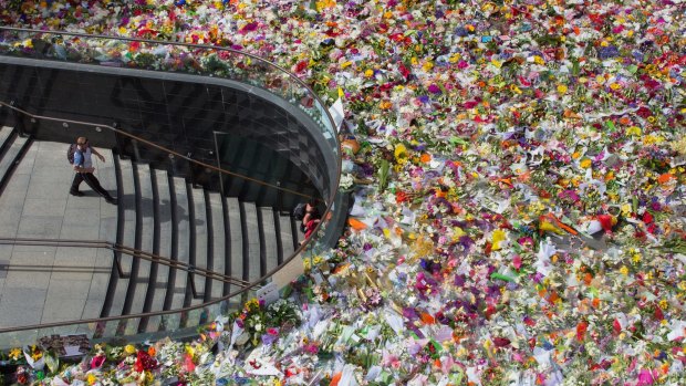 Thousands of floral tributes left in Martin Place following the Lindt cafe siege in 2014.