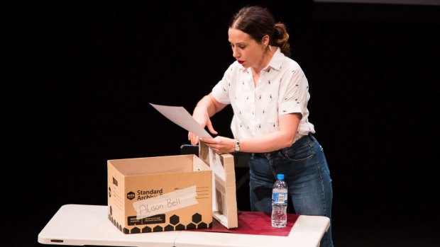 Alison Bell performs NASSIM - reading the script blind - on its opening night in Melbourne, January 2018.