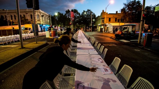 Setting up for the Longest Lunch in Lygon Street, Carlton as part of the Melbourne Food and Wine Festival.