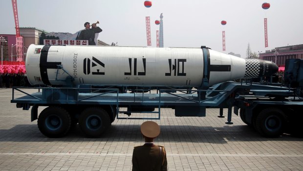 A submarine missile is paraded across the Kim Il-sung Square during a military parade, in Pyongyang, North Korea, on April 15.