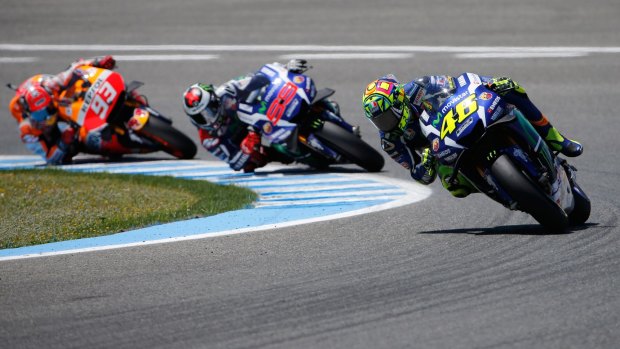 Valentino Rossi leads Jorge Lorenzo and Marc Marquez during the race.