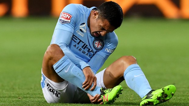 Agony: Tim Cahill clutches his ankle after landing awkwardly.