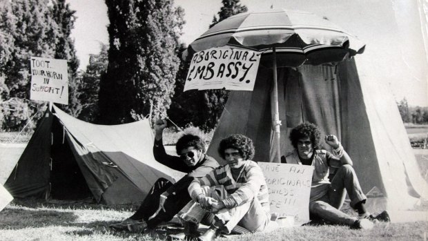 The original Aboriginal Tent Embassy on the lawns in front of Parliament House in 1972.