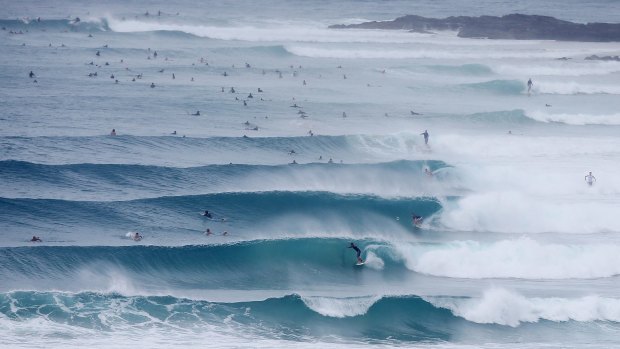 Surfers ride the waves at Snapper Rocks on the Gold Coast on Friday. 