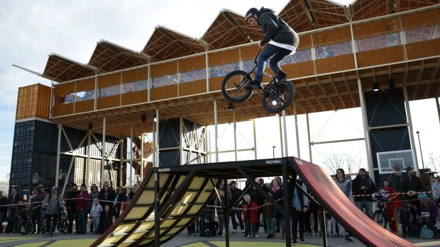 A BMX event at the Westside container village.