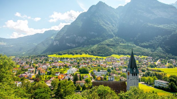 Balzers village with saint Nicholas church in Liechtenstein.