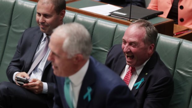 Deputy Prime Minister Barnaby Joyce and Josh Frydenberg listen to Prime Minister Malcolm Turnbull's attacks on Bill Shorten on Wednesday.