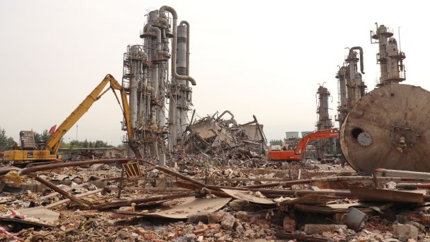 Beijing Oriental Petrochemical Plant is demolished on September 27, 2017, as part of a pollution crackdown.
