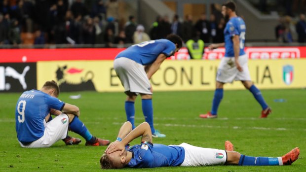 Devastated Italian players after failing to qualify for the World Cup.