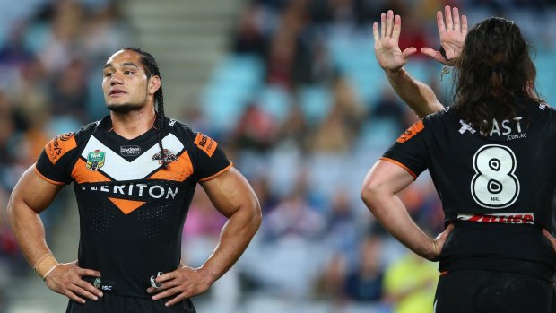 Night over: Wests Tigers lock Martin Taupau is sent to the sin bin in his side's heavy loss to the Roosters.