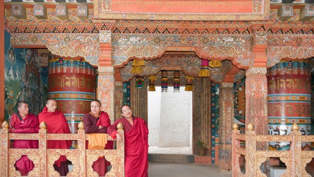 Four monks from the  Buddhist Tango Goemba Monastery near Thimphu.