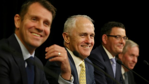 Mike Baird with Prime Minister Malcolm Turnbull, Victoria Premier Daniel Andrews and Western Australia Premier Colin Barnett. 
