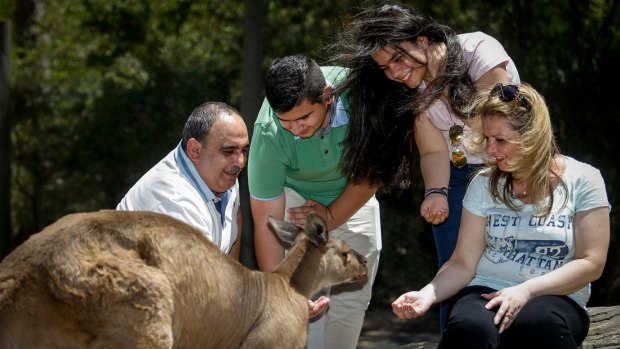 The Butti family, refugees from the Syria-Iraq conflict, visit the Melbourne Zoo for the first time. Osama with his wife Hanan and children Mina 12, Saif 14.