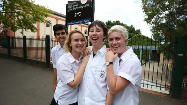 Jo Dwyer with friends outside Newtown High School of Performing Arts.