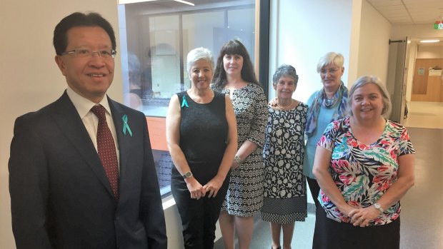 Acting executive director Women, Youth and Children's at the Canberra Hospital Dr Boon Lim with Gayle Doyle, Ruth and Sandra Zanker, OvCan's Jane Harriss and gynecological nurse Cathy Rumble.