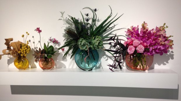 Glass vessels by Harriet Schwarzrock and floral arrangements by Narelle Phillips, of Brave Botanics.