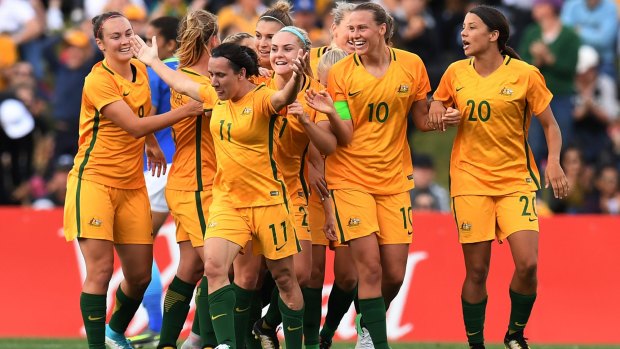 Another notch: Lisa De Vanna's goal helped the Matildas to a 2-1 win against Brazil in Penrith.