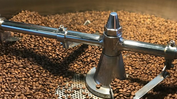 Coffee beans roasting at Stash Coffee's Denmark roasting shed. 
