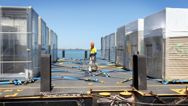 A barge loaded with accomodation units for fly-in, fly-out workers, bound for Chevron's Gorgon project at Barrow Island.