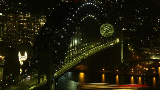 The giant disco ball on the Sydney Harbour Bridge for New Years Eve 2004.
