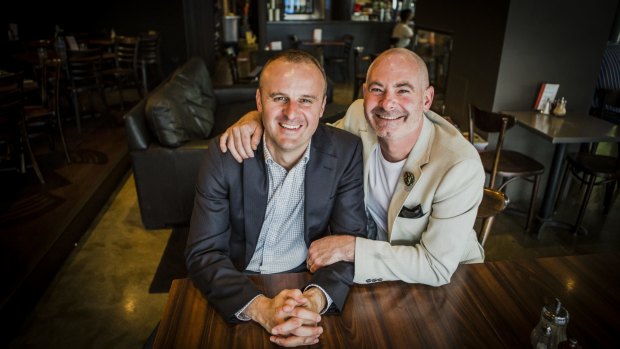 ACT Chief Minister Andrew Barr, left, pictured with his partner Anthony Toms, vows to front the battle for marriage equality.