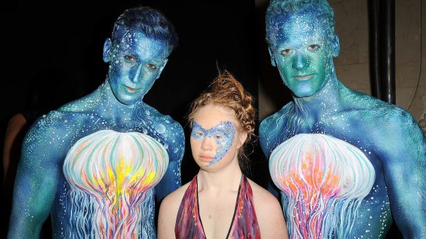 Models Jesse Pattison, Madeline Stuart and Ben Pulchinski are seen backstage of the Hendrik Vermeulen show during Spring 2016 New York Fashion Week.