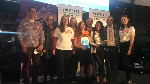 Some of the Canberra team of Orange Sky Laundry receiving the innovation award at the recent 2017 Volunteering Awards for the Canberra region.