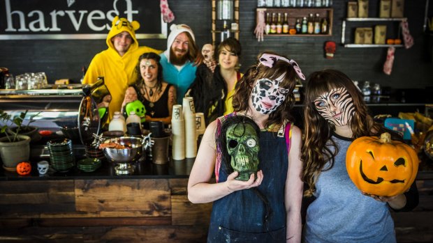 Having fun: (front from left) Harvest Coffee owner Hannah Campbell with Rebecca Bailey, and (behind from left) Sam Ryrie, Tenzin Szabo, Leandra Martinello and Kathleen Quinn.