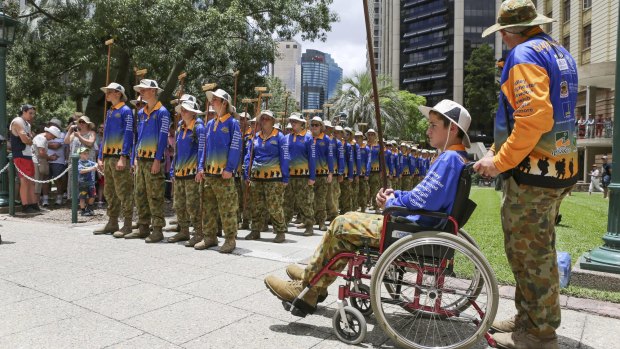 The cadets arrive in Anzac Square after marching  239 kilometres from Warwick.