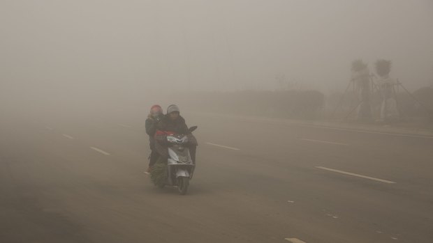 Cyclists ride along a road in heavy smog on December 31 in Beijing, China. 