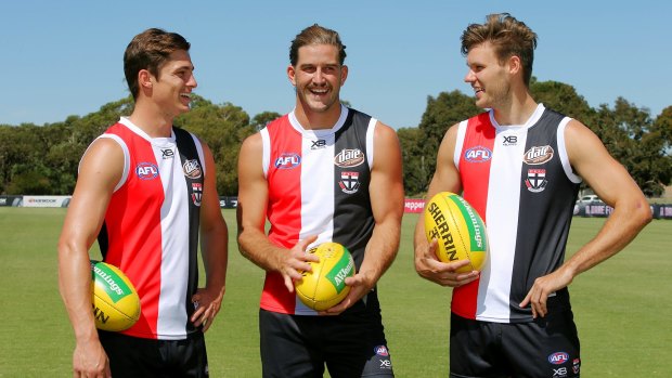 St Kilda AFL footballers from Canberra left to right Jack Steele Josh Bruce & Logan Austin at Seaford training ground Picture:Wayne Ludbey