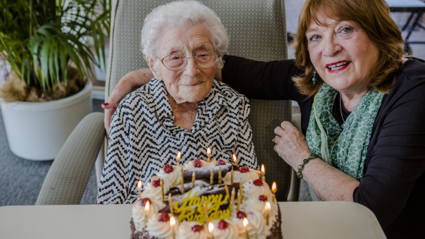 Gwen Smith celebrates her 108th birthday with her daughter Terry Ayres.