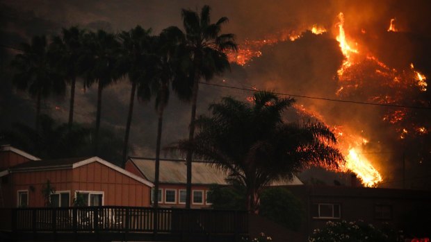 A wildfire threatens homes as it burns along a hillside in La Conchita, California. 