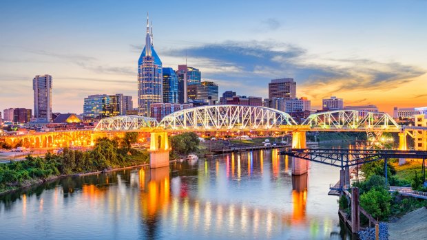 The Nashville, Tennessee skyline, on the Cumberland River. 