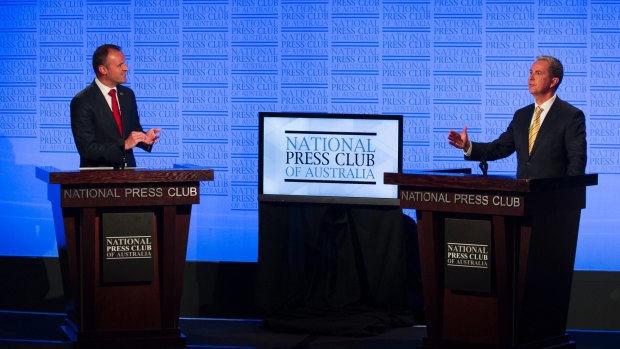 ACT Chief Minister Andrew Barr and opposition leader Jeremy Hanson in the ACT leadership debate at the National Press Club.