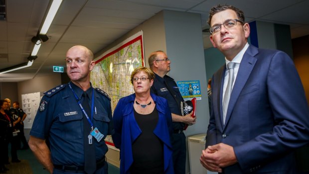 Police Minister Lisa Neville (centre) has issued a stinging rebuke to local police over the reduction of operating hours at Waurn Ponds police station. 