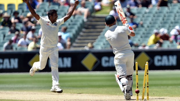 Jumped the gun: Varun Aaron celebrates what he thought was David Warner's wicket.