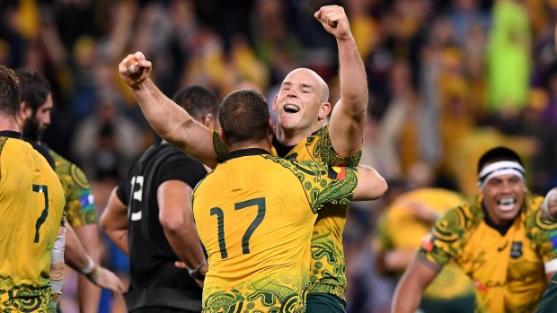 Stephen Moore celebrates after the Wallabies' win over the All Blacks.
