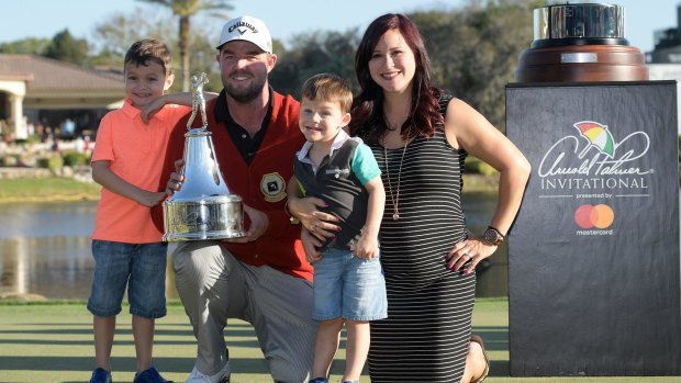 Marc Leishman with his wife Audrey and sons Harvey (left) and Oliver in March. They celebrated the arrival of a daughter, Eva, in July.